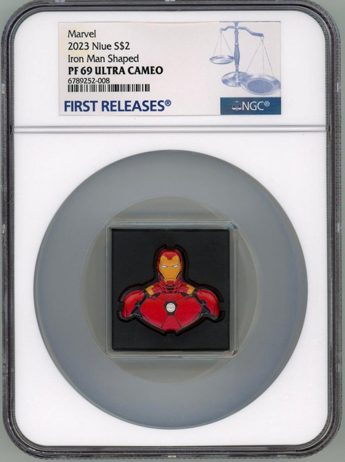 2023 Niue Marvel Iron Man Shaped 1oz Silver Colored Proof Coin NGC 69 FR