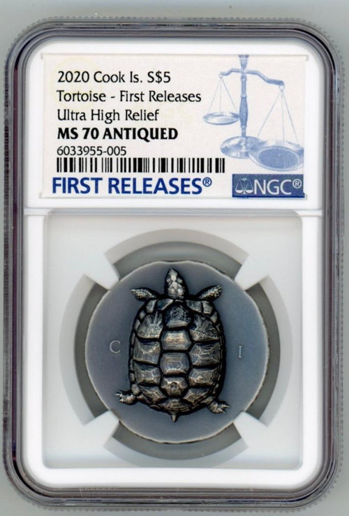 2020 Cook Islands Silver Antique Tortoise 1oz Silver Coin Antiqued NGC 70 FR
