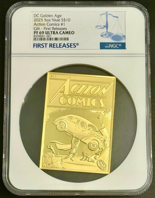 2025 Niue 90 Years DC Comics Action Comics #1 5oz Silver Gilded Coin NGC 69 FR