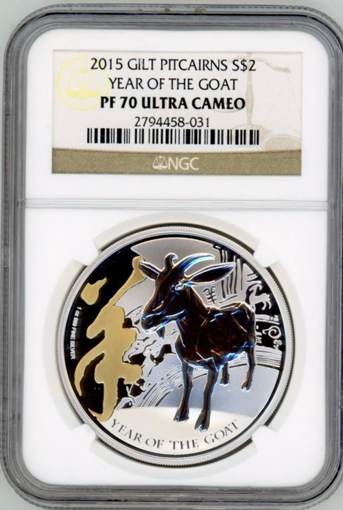 2015 Pitcairns Island Year Of The Goat Gilt $2 Silver Coin PF 70 UC + Box Coa