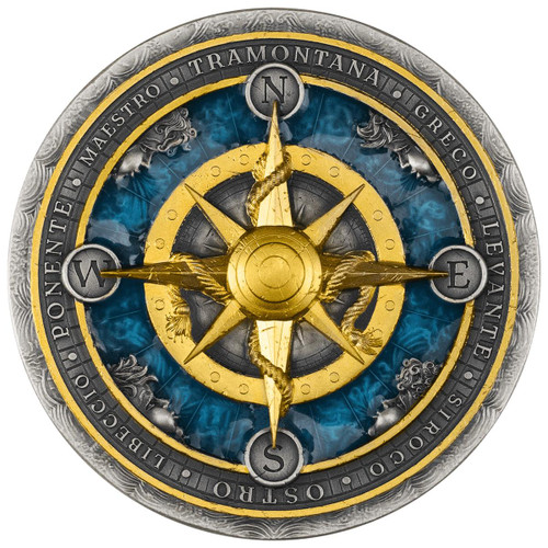 Reverse of the 2026 Niue $5 Compass Rose 2oz silver coin, a gilded compass rose on a blue resin field ringed by the eight Mediterranean wind names