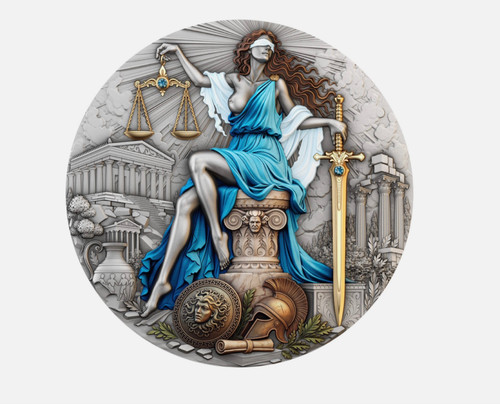 Themis 2026 Cameroon 2oz silver coin reverse: blindfolded Themis with sapphire-set gilded scales and sword before a Greek acropolis