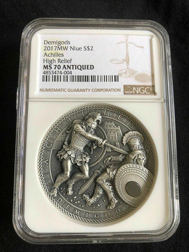NGC MS70 2017 NIUE ACHILLES VS HECTOR - HEMATITE DEMIGODS 2 OZ SILVER COIN 2$