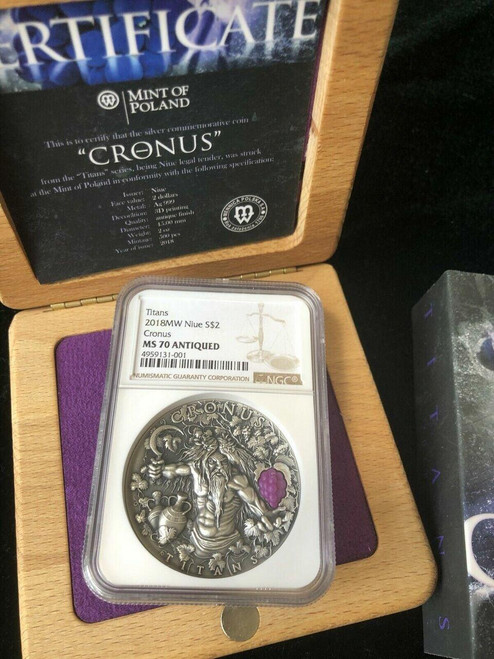 Mint of Poland Mennica Polska 2018 DEMIGODS MW Niue dollar2 Cronus Titans High Relief NGC MS 70 ANTIQUED