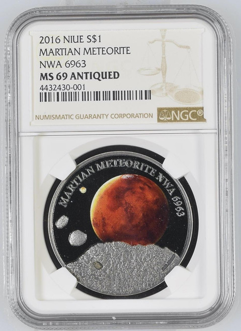 MARTIAN METEORITE NWA 6963 2016 NIUE 1oz SILVER COIN $1 NGC MS69 ANTIQUED