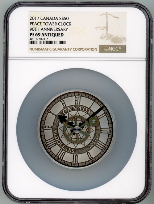 Peace Tower Clock 90th Anniversary 2017 Canada 5oz Silver Coin $50 PF69 ANTIQUED