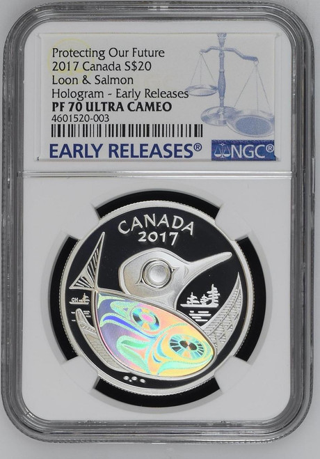 Royal Canadian Mint PROTECTING OUR FUTURE LOON SALMON HOLOGRAM 2017 dollar20 SILVER COIN NGC PF70 UC ER Royal Canadian Mint PROTECTING OUR FUTURE LOON SALMON HOLOGRAM 2017 dollar20 SILVER COIN NGC PF70 UC ER