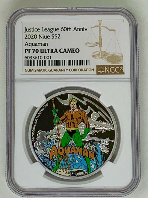 AQUAMAN JUSTICE LEAGUE 60TH ANNIVERSARY 2020 1oz SILVER COIN NGC PF 70 UC