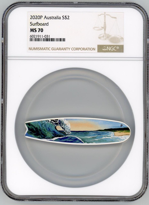 The Perth Mint SURFBOARD 2020P AUSTRALIA 2oz SILVER COIN dollar2 NGC MS70