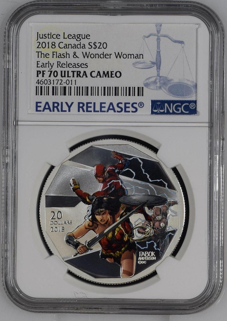 JUSTICE LEAGUE FLASH & WONDER WOMAN 2018 CANADA $20 SILVER COIN NGC PF 70 UC ER
