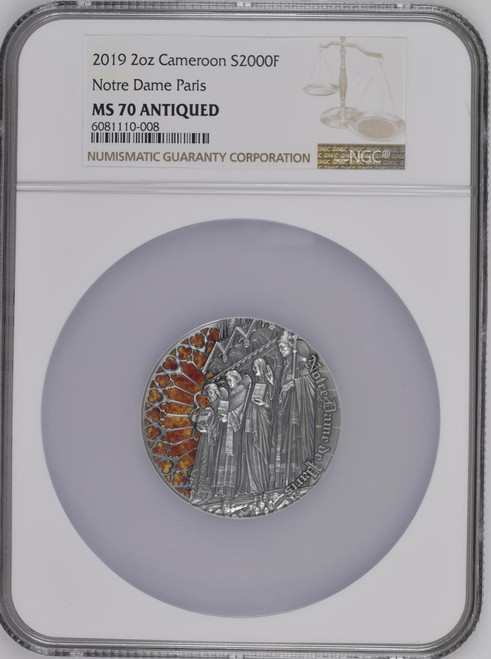 Mint XXI NOTRE DAME PARIS 2019 CAMEROON 2oz SILVER COIN NGC MS 70 ANTIQUED POP 5 ONLY Mint XXI NOTRE DAME PARIS 2019 CAMEROON 2oz SILVER COIN NGC MS 70 ANTIQUED POP 5 ONLY
