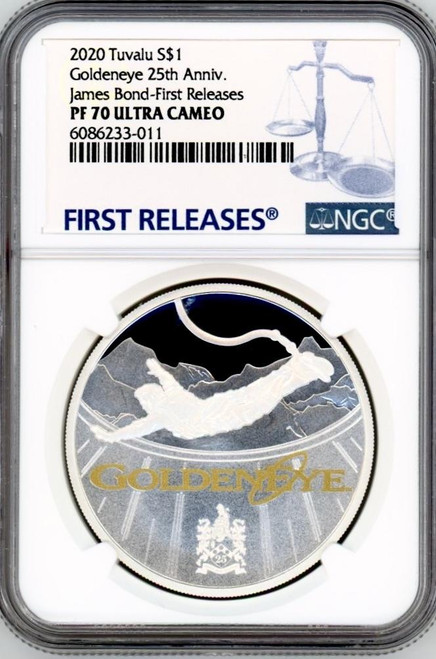James Bond 007 GOLDEN EYE JAMES BOND 2020 TUVALU 1oz SILVER PROOF COIN dollar1 NGC PF70 FR James Bond 007 GOLDEN EYE JAMES BOND 2020 TUVALU 1oz SILVER PROOF COIN dollar1 NGC PF70 FR
