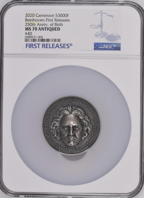 2020 Cameroon Beethoven Diamond Insert 3oz Silver Coin NGC MS 70 FR +box COA