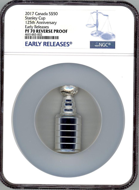 Low COA 0043 NGC PF70 1892-2017 125th Anniv Stanley Cup Shaped $50 Silver Coin R