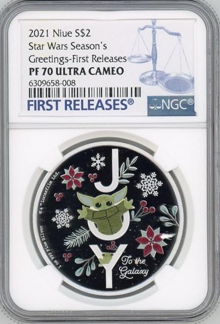 Star Wars 2021 Niue 1oz $2 Season's Greetings Silver Coin Baby Yoda NGC 70 FR