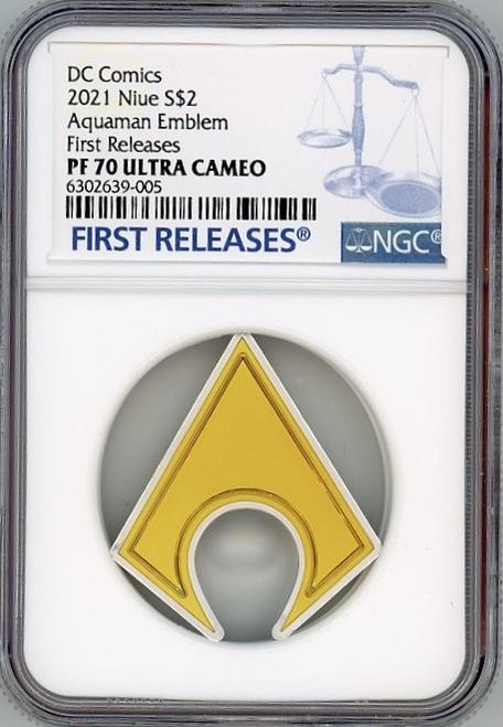 DC Heroes AQUAMAN Emblem 2021 Niue 1 oz Silver Coin $2 NGC PF70 UC FR
