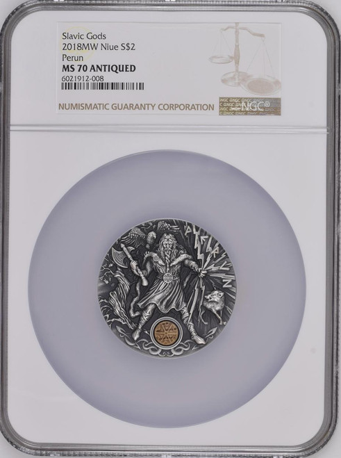 Mint of Poland Mennica Polska Perun Slavic Gods dollar2 Silver 2oz coin 2018 Niue NGC MS 70 ANTIQUED Mint of Poland Mennica Polska Perun Slavic Gods dollar2 Silver 2oz coin 2018 Niue NGC MS 70 ANTIQUED
