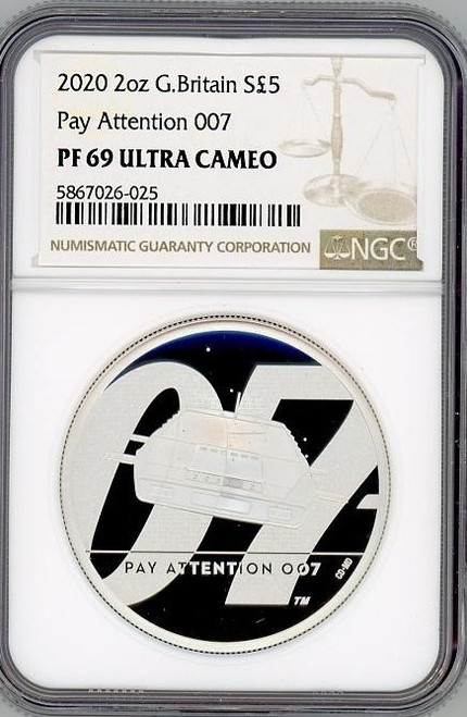 2020 Great Britain £5 James Bond 007 Pay Attention 2 oz Silver Coin NGC PF69 UC