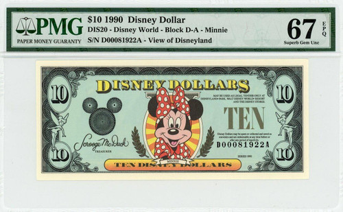 1990 $10 Disney Dollar Minnie Mouse DIS20 PMG 67 EPQ