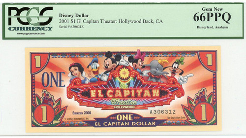 2001 $1 El Capitan Theater Disney Dollar PMG 66 PPQ
