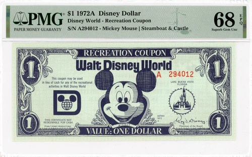 1972 A $1 Recreation Coupon Disney Dollar PCGS 68 PPQ TOP POP