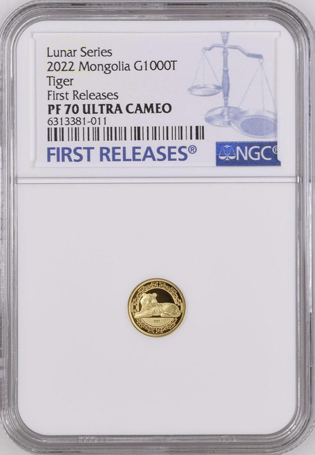 CHARMING TIGER Lunar Year 0.5 G Gold Proof Coin Mongolia 2022 NGC PF 70 UC FR