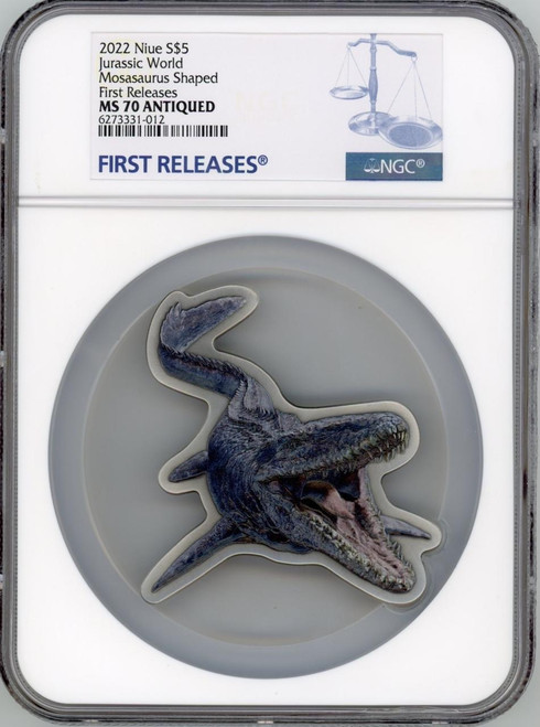 Jurassic World NEW Jurassic World Mosasaurus Coin 2022 Niue dollar5 2oz Silver Antiqued NGC 70 FR