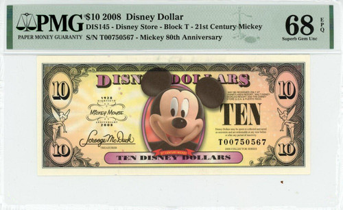 2008 $10 Disney Dollar Mickey 80th Anniversary PMG 65 EPQ (DIS142
