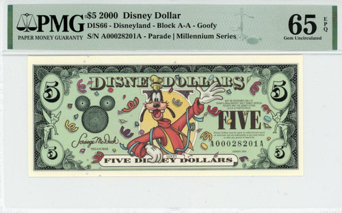 2000 $5 Disney Dollar Goofy Millennium Series PMG 66 EPQ (DIS66