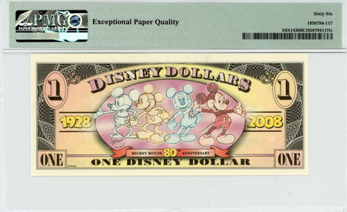 2008 $1 Disney Dollar Mickey Ca. 1930 PMG 66 EPQ (DIS143)