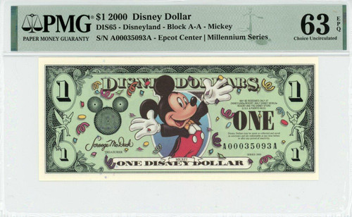 2000 $1 Disney Dollar Mickey Millennium Series PMG 63 EPQ (DIS65)