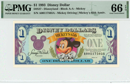 1993 $1 Disney Dollar Mickey 65th Anniv. PMG 64 EPQ (DIS30