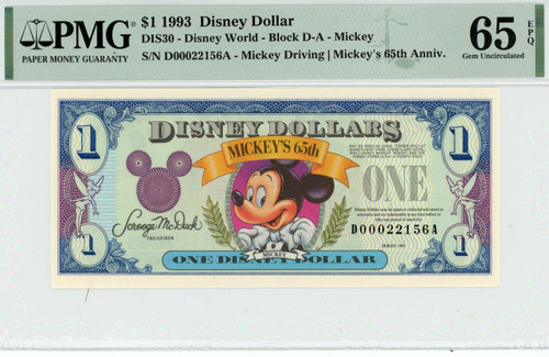 1993 $1 Disney Dollar Mickey 65th Anniv. PMG 65 EPQ (DIS30)