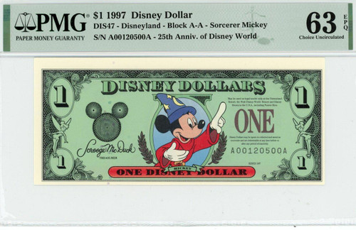 1997 $1 Disney Dollar Sorcerer Mickey PMG 63 EPQ (DIS47)