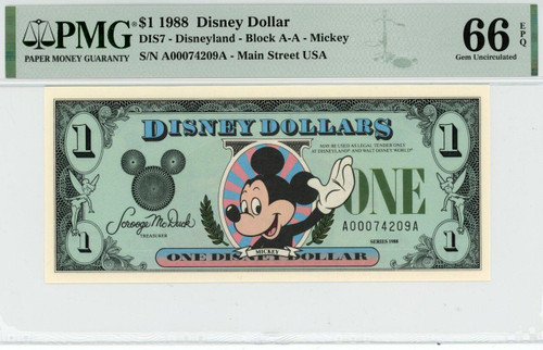 Disney Dollars ディズニーダラーズ 1988 $1 Disney Dollar Mickey PMG 69 EPQ TOP POP (DIS7) | Elite