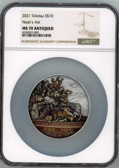 Noah's Ark $10 Silver Coin 5 oz Tokelau 2021 NGC MS 70 Pop 17 Only