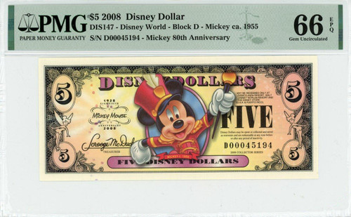 2008 $5 Disney Dollar Mickey Ca. 1955 80th Anniv. PMG 66 EPQ