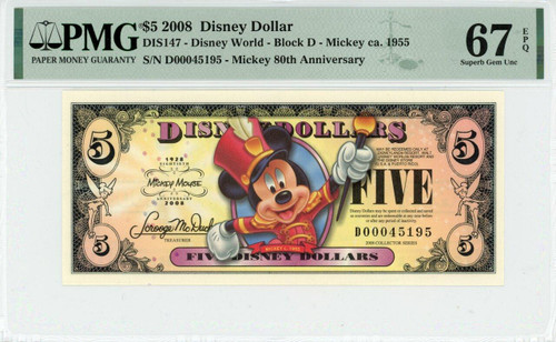 2008 $5 Disney Dollar Mickey Ca. 1955 80th Anniv. PMG 66 EPQ