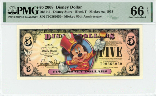 2008 $5 Disney Dollar Mickey Ca. 1955 80th Anniv. PMG 66 EPQ (DIS144)