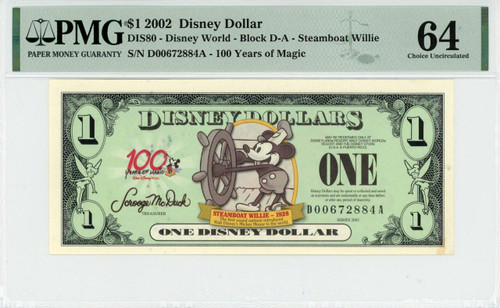 2002 $1 Disney Dollar Steamboat Willie PMG 64 (DIS80)