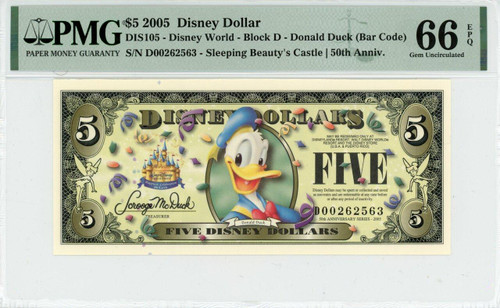 2005 $5 Disney Dollar Donald Duck (bar Code) PMG 66 EPQ (DIS105)