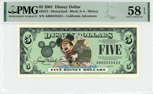 2001 $5 Disney Dollar Mickey California Adventure PMG 58 EPQ (DIS72)