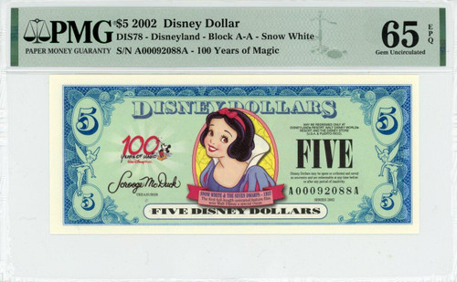 2002 $5 Disney Dollar Snow White PMG 65 EPQ (DIS78)