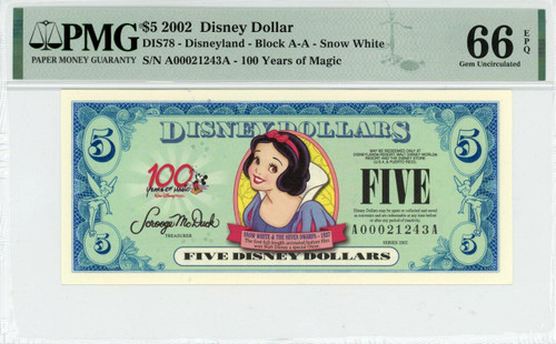 2002 $5 Disney Dollar Snow White PMG 65 EPQ (DIS78)