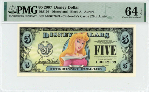 2007 $5 Disney Dollar Aurora 20th Anniv. Low Serial # PMG 64 EPQ (DIS126)