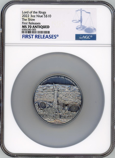 The Lord of the Rings Lord of the Rings The Shire 2022 Niue 3 oz MS 70 Antiqued FR
