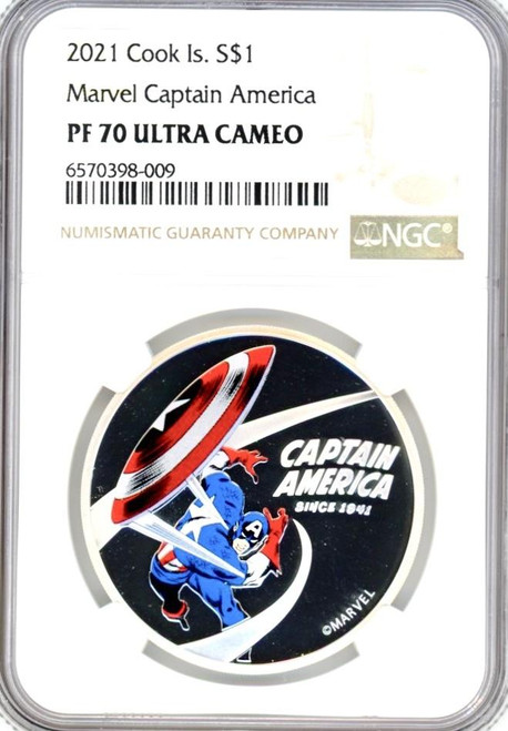 2021 Cook Islands CAPTAIN AMERICA 80th Ann, Marvel 1 oz Silver Coin 1$ NGC 70