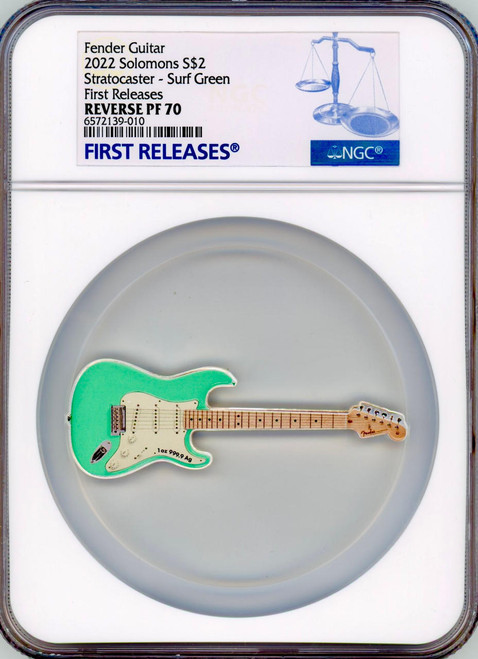 Pamp Suisse Copy of Pamp 2022 Fender Guitar Surf Green Stratocaster Shaped NGC 70 FR1 oz Silver Coin Pamp Suisse Copy of Pamp 2022 Fender Guitar Surf Green Stratocaster Shaped NGC 70 FR1 oz Silver Coin