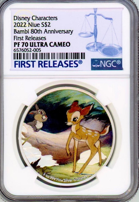 Disney 2022 Niue Bambi 80th Anniversary 1 Oz Silver Coin - Bambi and Thumper NGC 70 FR Disney 2022 Niue Bambi 80th Anniversary 1 Oz Silver Coin - Bambi and Thumper NGC 70 FR