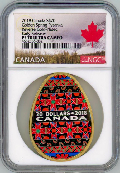 Royal Canadian Mint 2018 Canada RCM dollar20 Golden Spring Ukrainian Pysanka Silver Coin NGC 7O ER